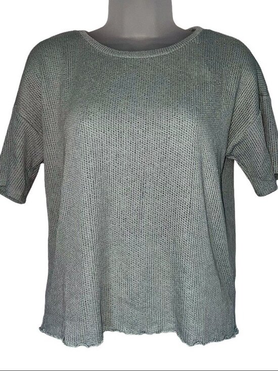 Tops - Sage Green Waffle Knit Short Sleeve Round Neck Relaxed Top